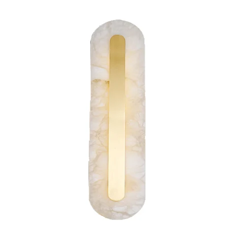 C03 Circle alabaster wall sconce with circular stone shade on a brushed brass wall plate