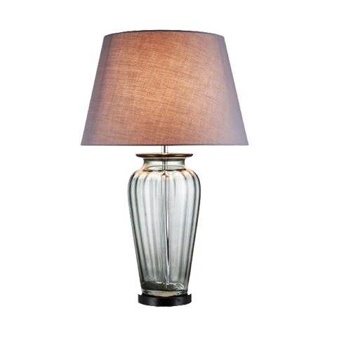 B04 coloured table lamp with a 450 mm wide coloured glass base and fabric shade on a steel/chrome frame