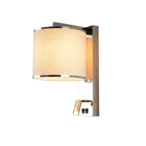 C08 Wall Sconce with steel base and fabric shade, chrome finish, mounted on a wall