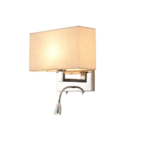 C07 Wall Sconce with steel base and fabric shade, chrome finish, mounted on a wall