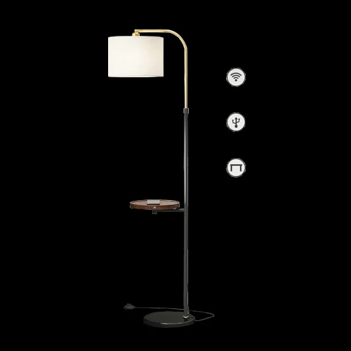 D03 floor lamp photographed lit against a black background, showing the light spread from the shade