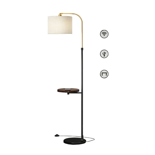 D03 floor lamp with black marble base and linen fabric shade, featuring a foot switch and end table