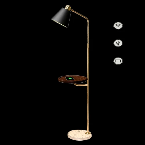 D04 floor lamp photographed lit against a black background, highlighting the light output and end table