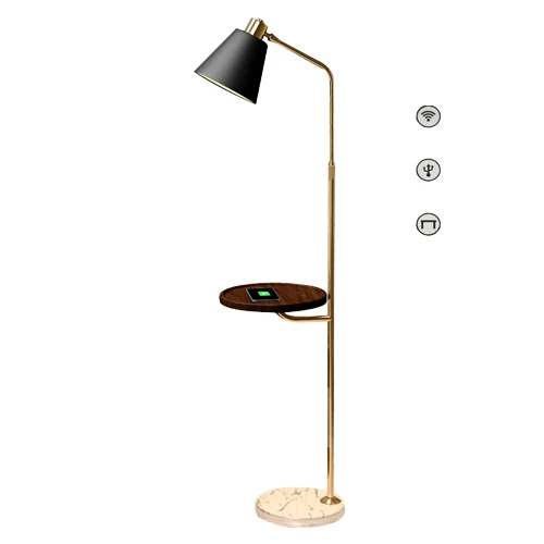 D04 floor lamp with white marble base, linen fabric shade, and polished brass finish, showing the foot switch and end table