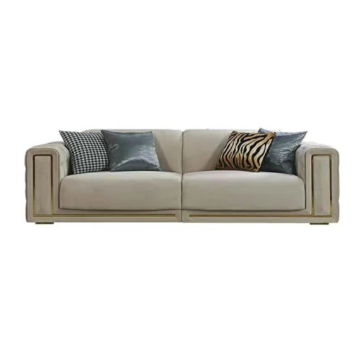 E08 Warm Grey 2-seater sofa with gold stainless steel trim and rubber wood feet
