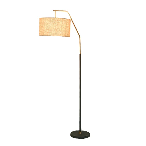 D01 Fishman floor light with black marble base and linen fabric shade, polished brass details