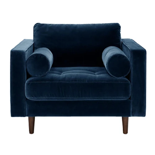 E10 Mid Blue Accent Chair with mid blue velvet upholstery on a solid wood and plywood frame