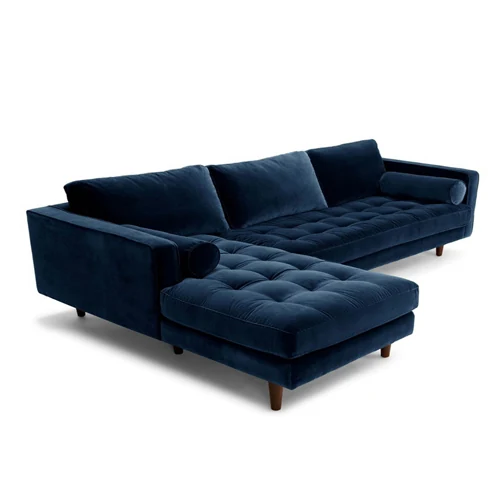 E01 Mid Blue Corner Sofa with a chaise extension, viewed from the front with mid blue velvet upholstery