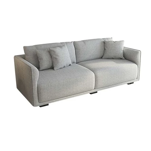 E06 Warm Grey 2-seater sofa with linen upholstery, solid wood frame, and birch wood feet