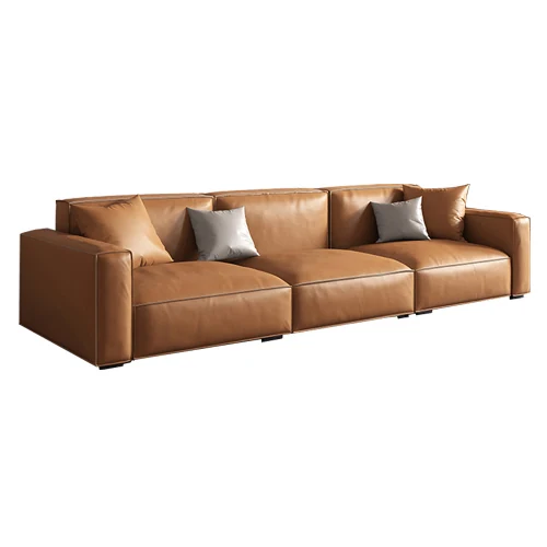 E05 brown 3-seater sofa with solid wood frame and oak feet, viewed from the front