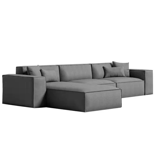 E02 Grey Corner Sofa with 3-seater and extended chaise section, viewed from the front