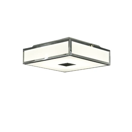 A18 LED flush mounting ceiling light with white glass shade and chrome finish