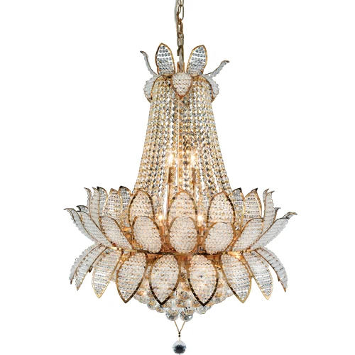 A05 Petal chandelier light with fifteen clear crystal elements on a gold metal frame