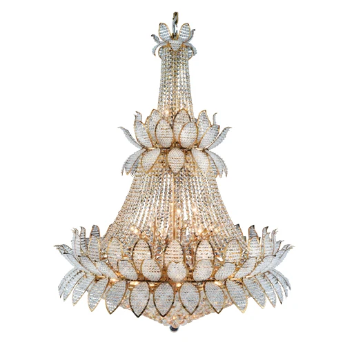 A06 Petal chandelier light with thirty-six clear crystal pendants on a gold metal frame