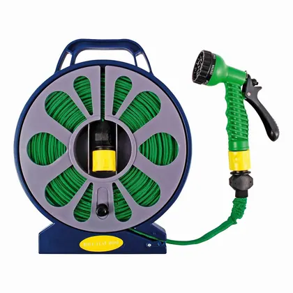 50ft Garden Flat Hose Pipe & Reel with Spary Nozzle Gun Outdoor Watering 15m