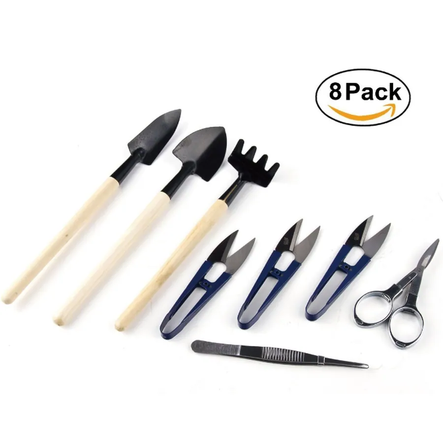 JDM 8Pack Bonsai Tool Succulent Tool Include Pruner,Fold Scissors,Mini Rake,Bud & Leaf Trimmer Set