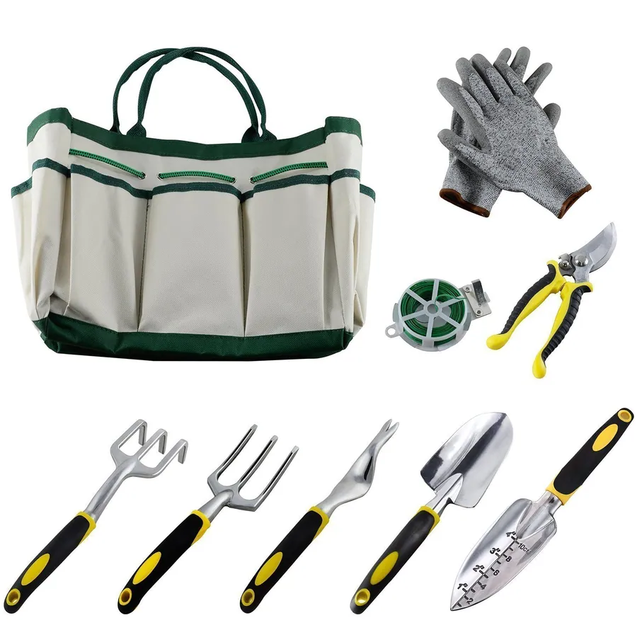 JDM 9Pcs Garden Tool Sets-a Plant Rope,Soft Gloves,6 Ergonomic Gardening Tools and a Garden Tote