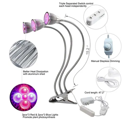 JDM Hotsale Three Head Led 15w Grow Light Bulbs 15W Clip on Plant Grow Lamp view 2