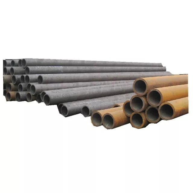 Stacks of dark gray and rust-colored steel pipes with open ends on a plain white background