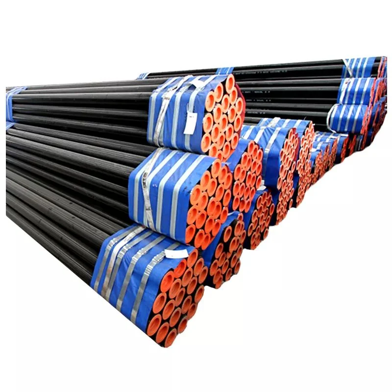 Bundles of black steel pipes with orange threaded ends, strapped together with blue and white packing bands