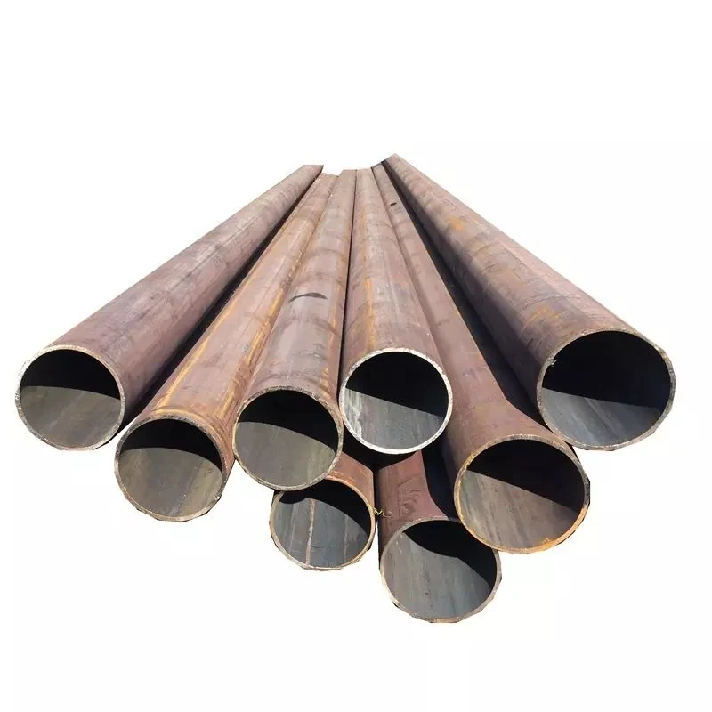 Bundle of large rusty steel pipes fanned out with open cut ends facing the viewer on a plain white background