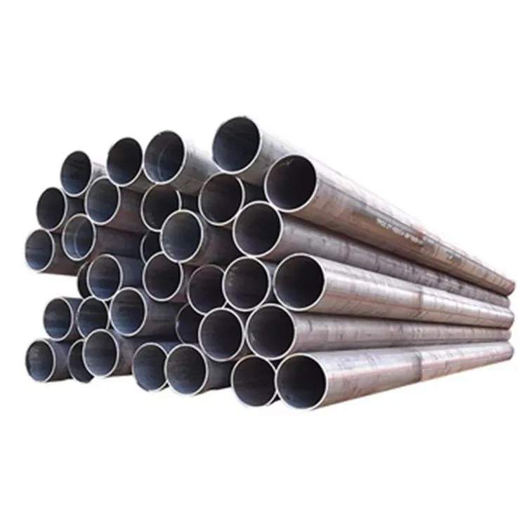 Bundle of large-diameter steel pipes stacked diagonally on a plain white background