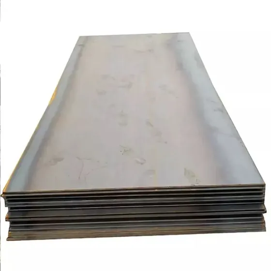Stack of flat steel sheets with mill-finish top plate on a white background
