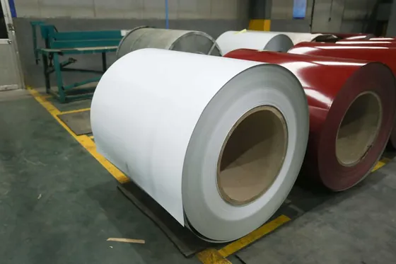 Large white and red coated steel coils stored on the concrete floor of an industrial warehouse