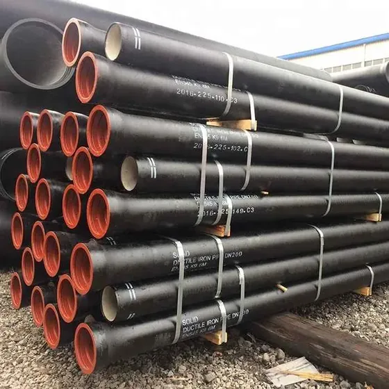 Stacks of black ductile iron pipes with red socket ends stored in an outdoor stockyard