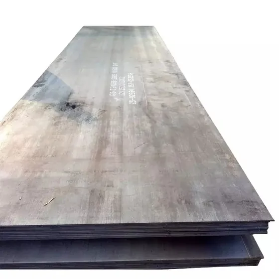Stack of steel plates with stamped mill markings, isolated on a white background