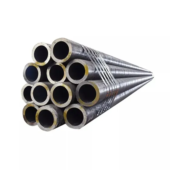 Bundle of steel pipes with visible cut ends, strapped together, photographed diagonally on a white background