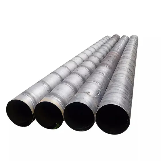 Four large spiral-welded steel pipes with visible weld seams lying diagonally against a white background