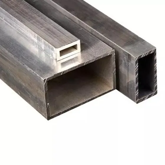 Rectangular hollow metal tubes in three sizes with visible cross-sections on a white background