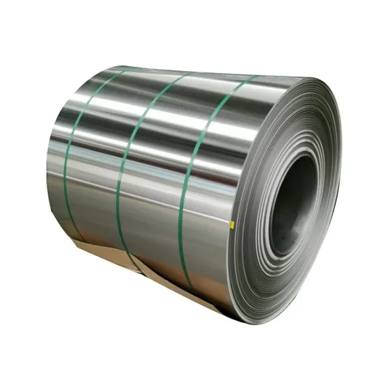 Coiled metal strip secured with green strapping bands on a plain white background