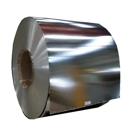 Roll of shiny galvanized steel or aluminum coil sheet with reflective metallic surface, isolated on white background