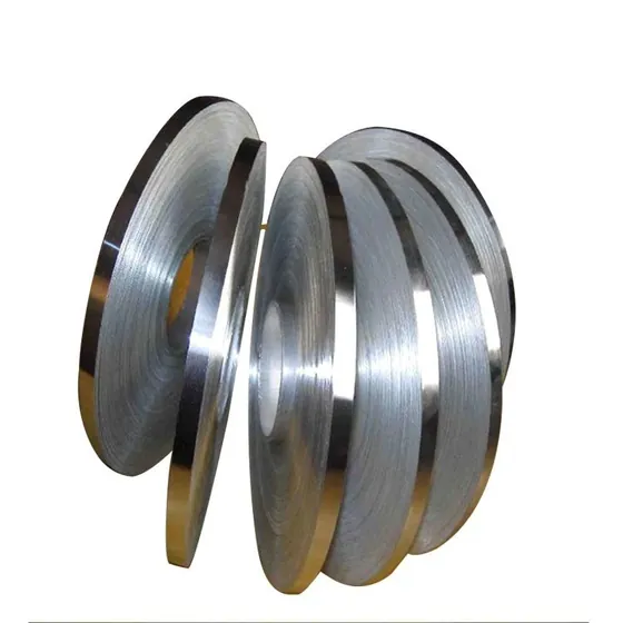 Several coils of polished metal strip angled on a plain white background