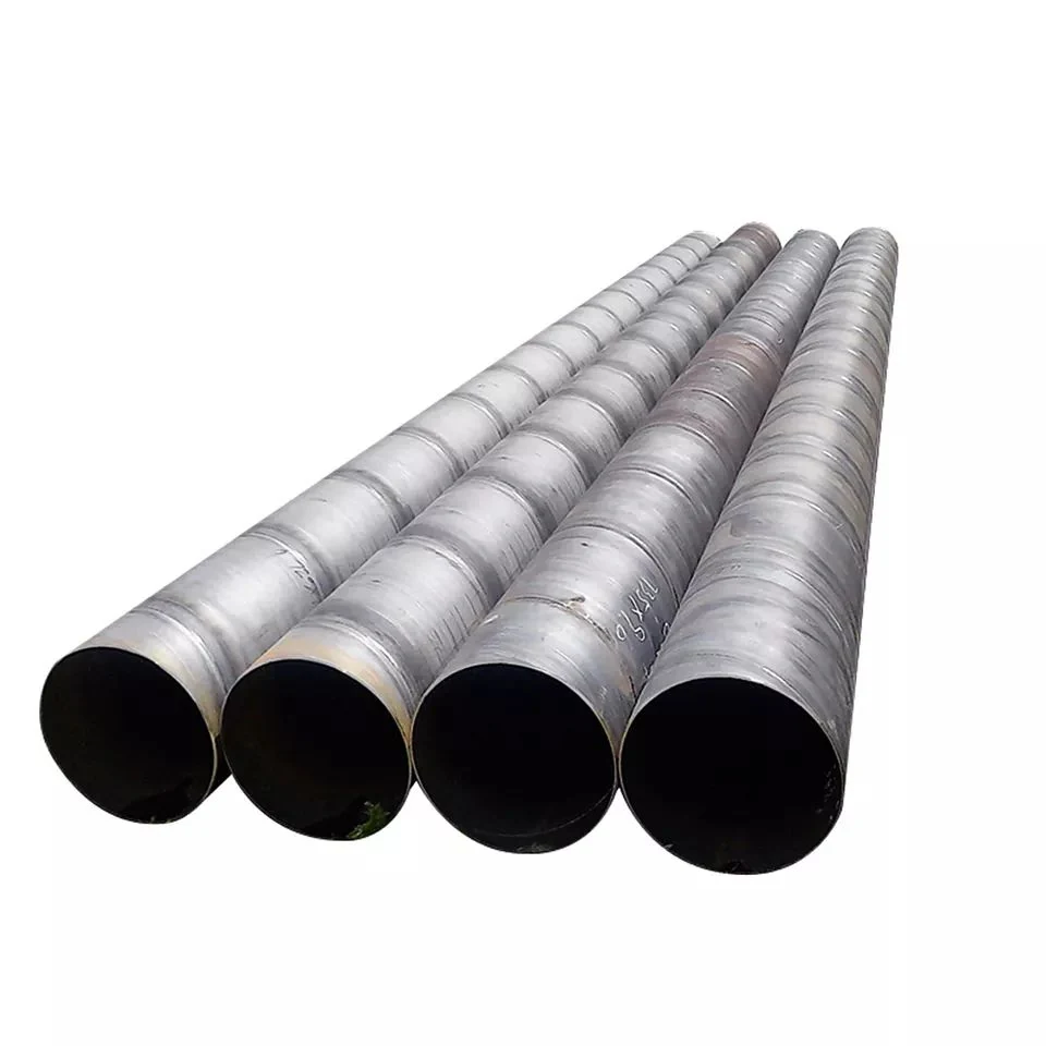 Four large spiral-welded steel pipes with visible weld seams lying diagonally against a white background
