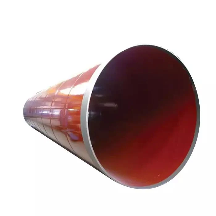 Large-diameter steel pipe with red-colored interior lining, photographed against a plain white background