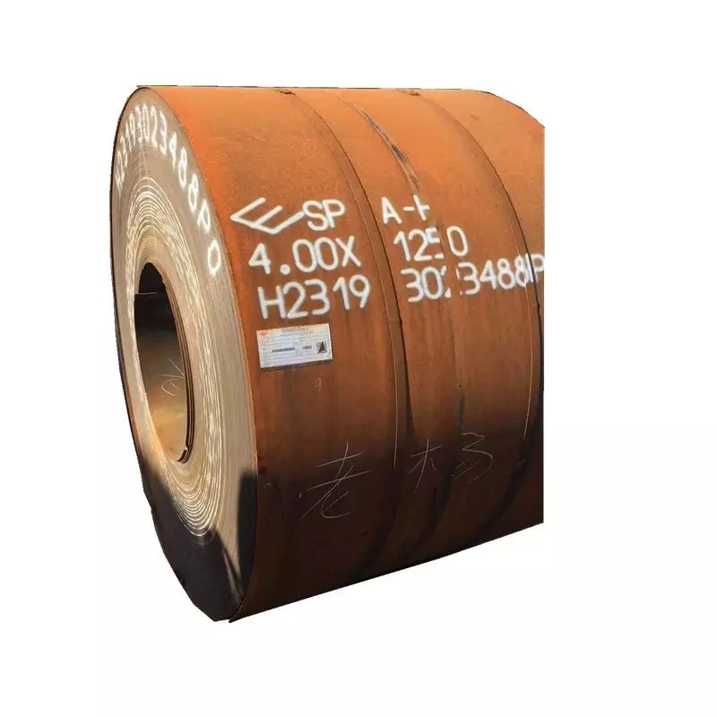 Large coil of hot-rolled steel with white stenciled markings on a white background