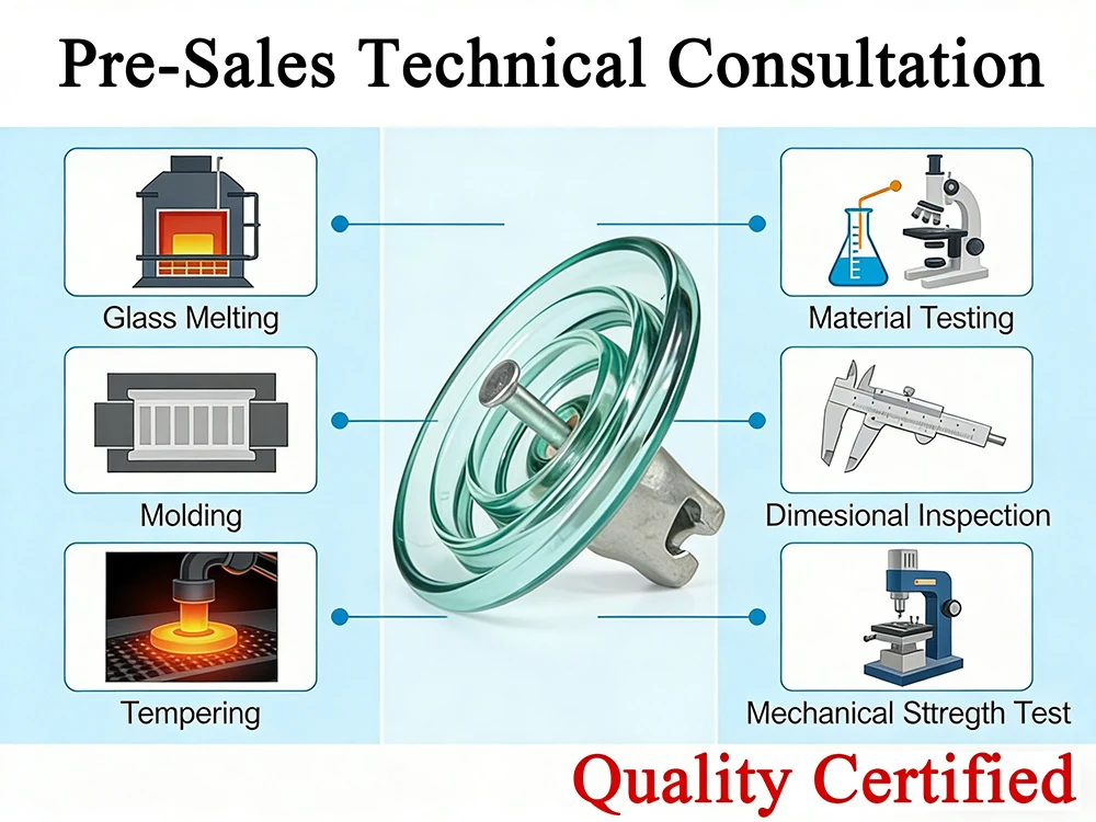Pre-sales technical consultation workflow diagram for toughened glass insulator selection