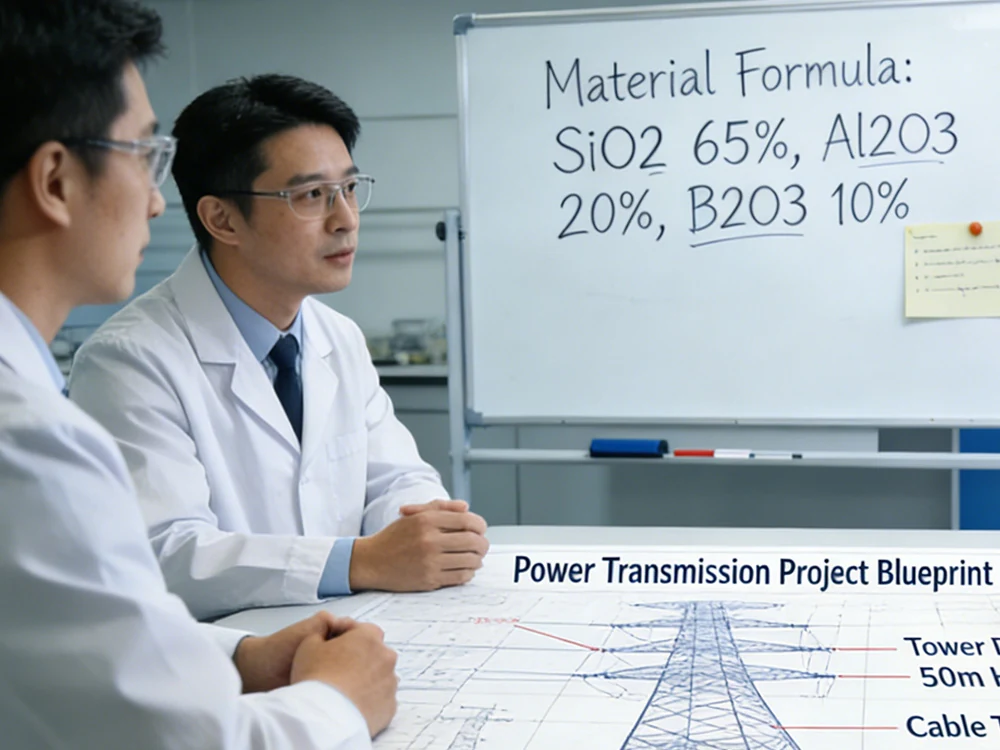 Engineer reviewing a custom toughened glass insulator design against a transmission project blueprint