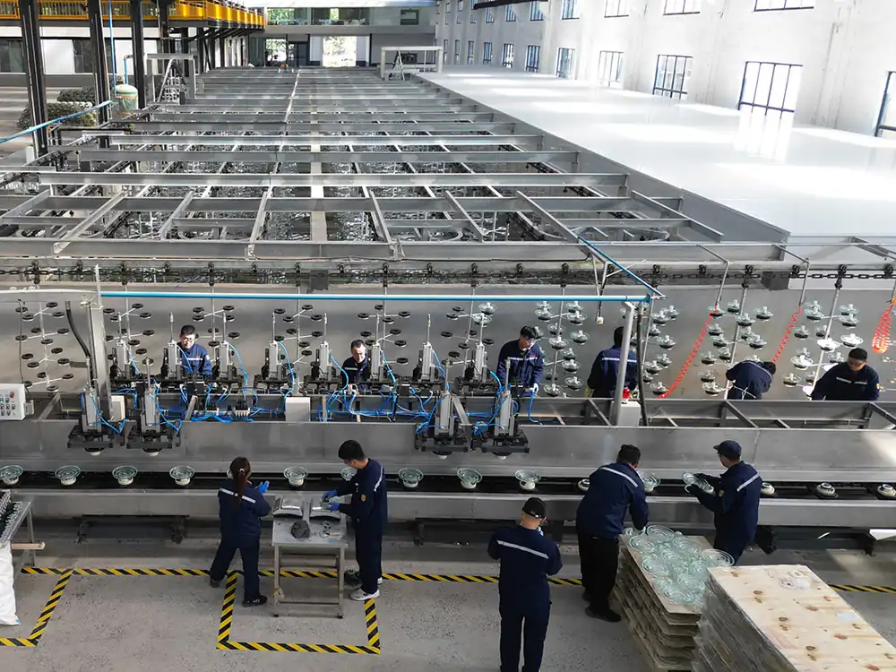 Automated cementing line bonding steel caps and pins to toughened glass insulator discs