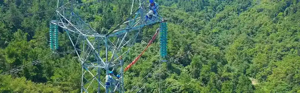 Distribution line towers with glass insulator strings running through wooded terrain