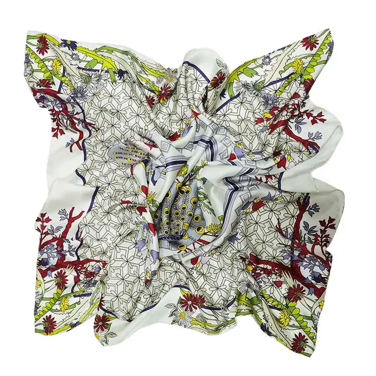 100% Silk Scarf for Women Printed Silk Twill Scarf with Flower and Birds Pattern