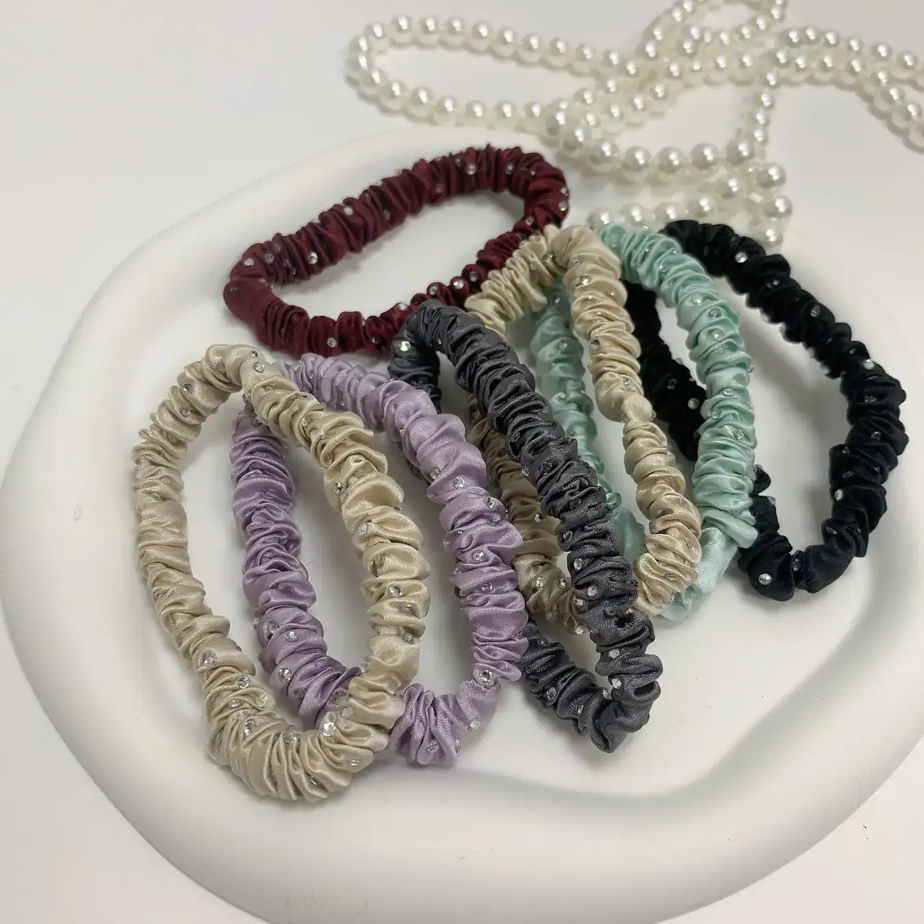 22mm Silk Skinny Hair Scrunchies with Crystal