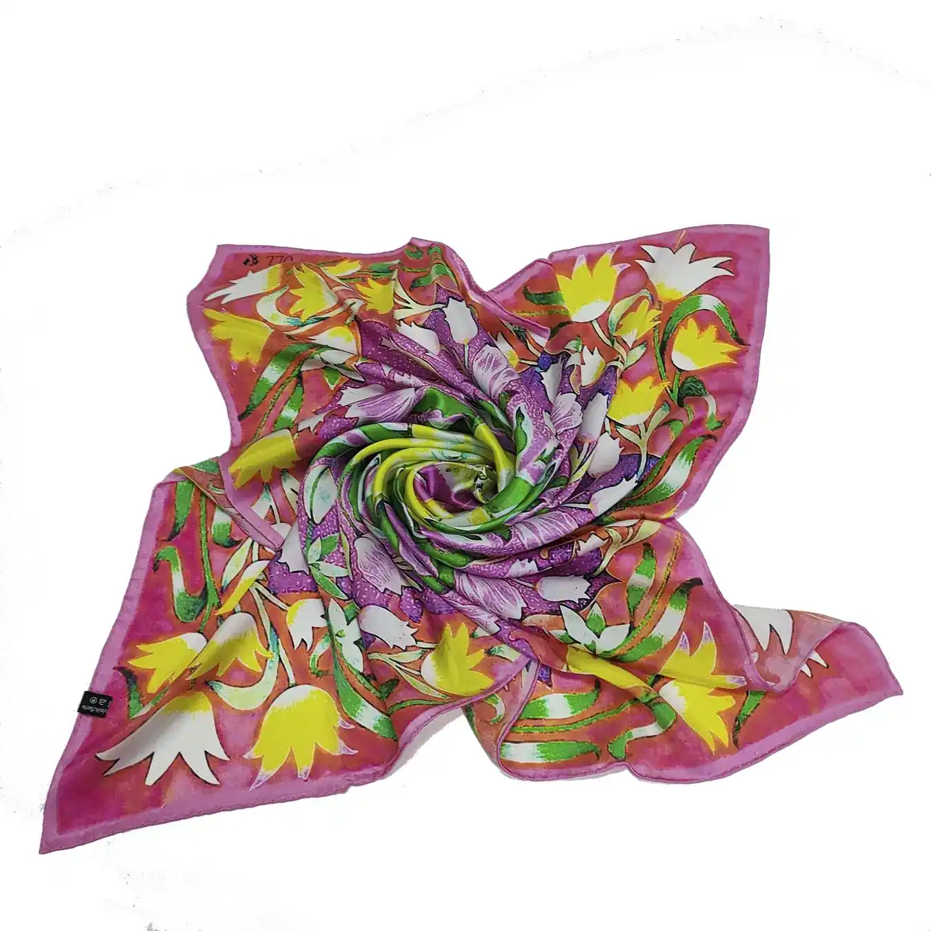 35Inch Luxury Square Silk Scarf Bright Flowers Patterns