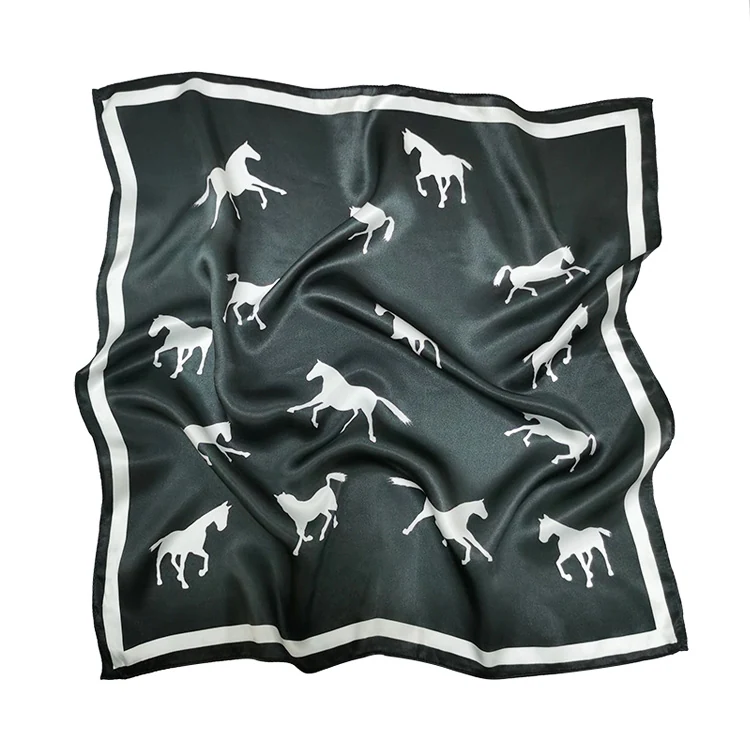 Custom White Horse Black Head Hair Tie Square Neck Pure Silk Scarf for Women