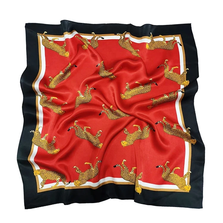 Luxury Ladies Pure Silk Scarf Classic Leopard Pattern Print Red Silk Charmeuse Hair Scarf
