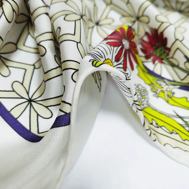 100% Silk Scarf for Women Printed Silk Twill Scarf with Flower and Birds Pattern close up