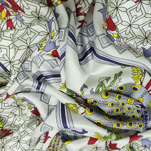 100% Silk Scarf for Women Printed Silk Twill Scarf with Flower and Birds Pattern detail view